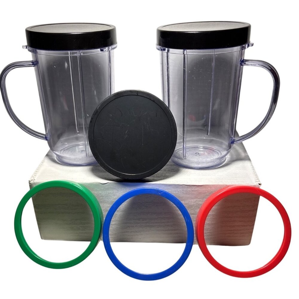 Magic Bullet Blender Cups Set of 2 16oz 3 Lids & 3 Colorful Rings MB1001